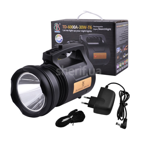 Portable flashlight TD-6000A-30W-T6, charger 220V, built-in battery