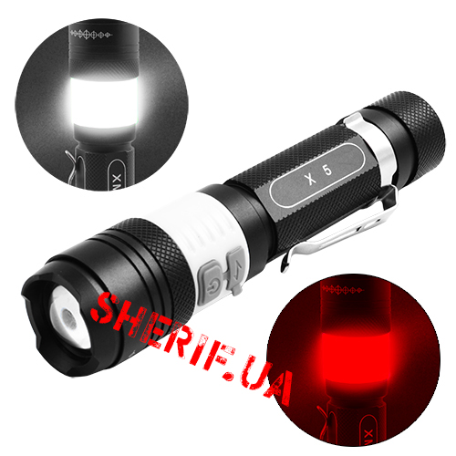 Flashlight Police X5-T6, zoom, 1x18650, microUSB memory, lamp, clip, set