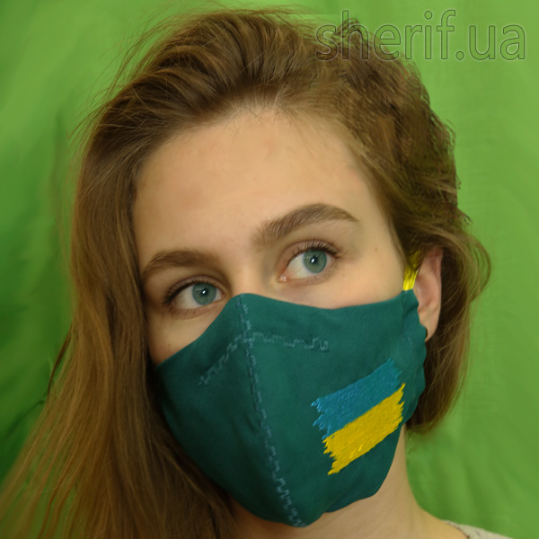 Reusable mask "Malachite with embroidery Flag of Ukraine" and a nose clip, model 23.42