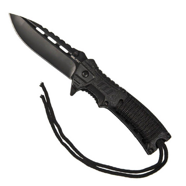 Folding knife with black paracord cord and steel